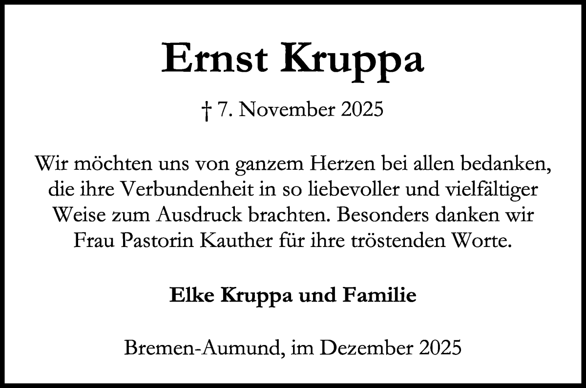 Traueranzeige von Ernst Kruppa von Die Norddeutsche