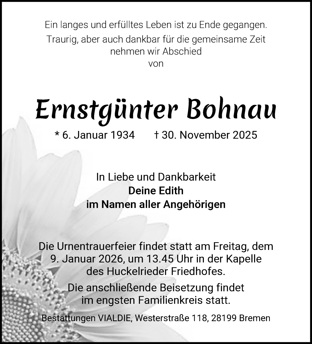 Traueranzeige von Ernstgünter Bohnau von WESER-KURIER