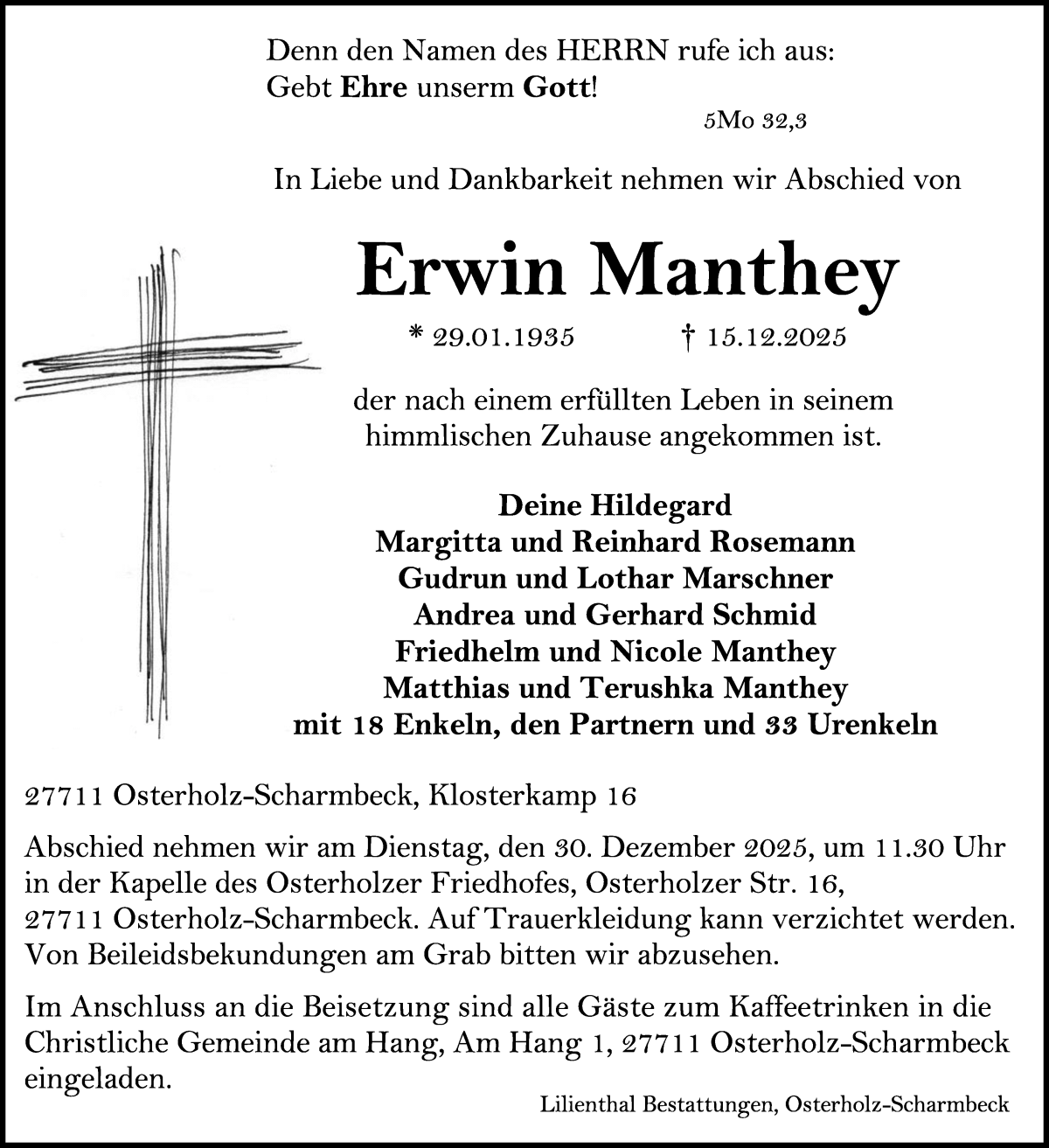 Traueranzeige von Erwin Manthey von Osterholzer Kreisblatt