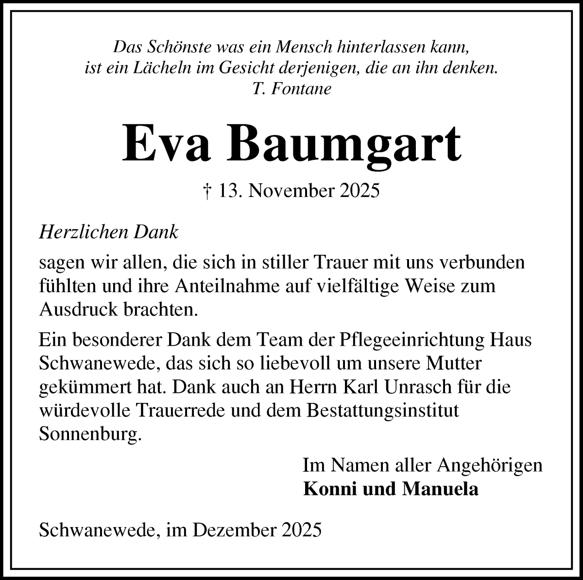 Traueranzeige von Eva Baumgart von Die Norddeutsche