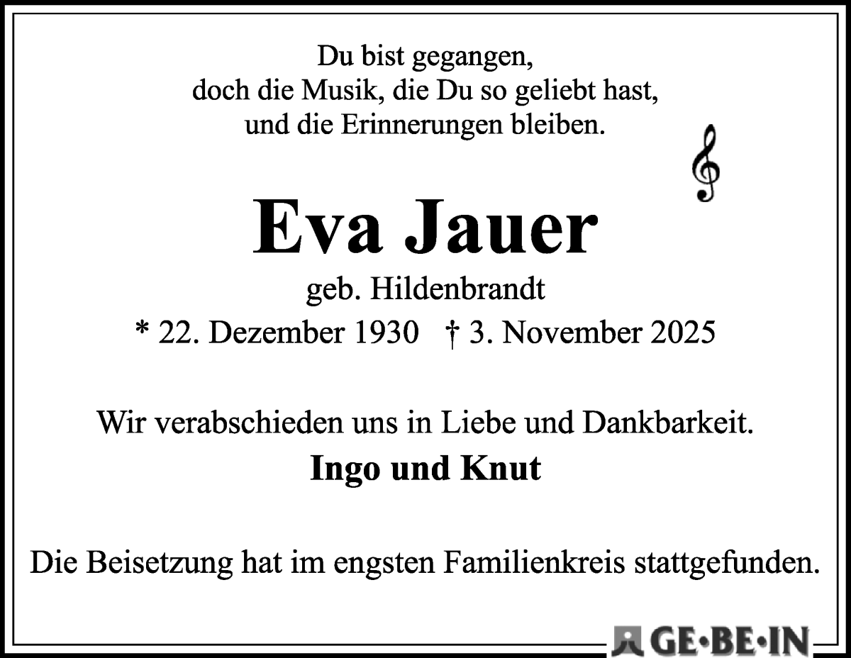 Traueranzeige von Eva Jauer von WESER-KURIER