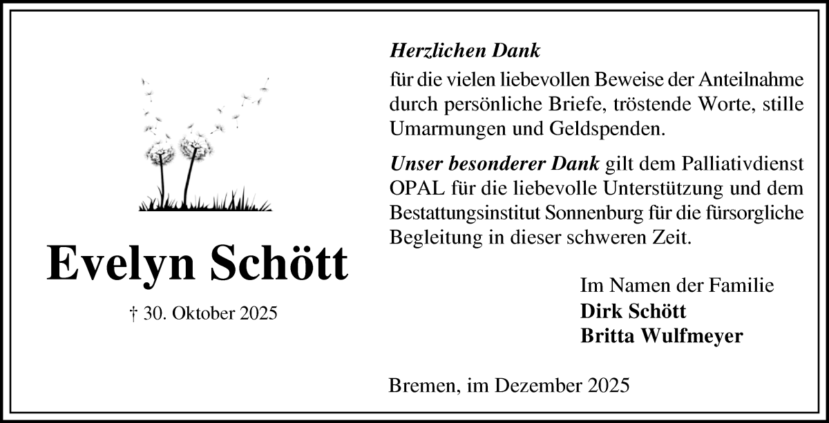 Traueranzeige von Evelyn Schött von Die Norddeutsche