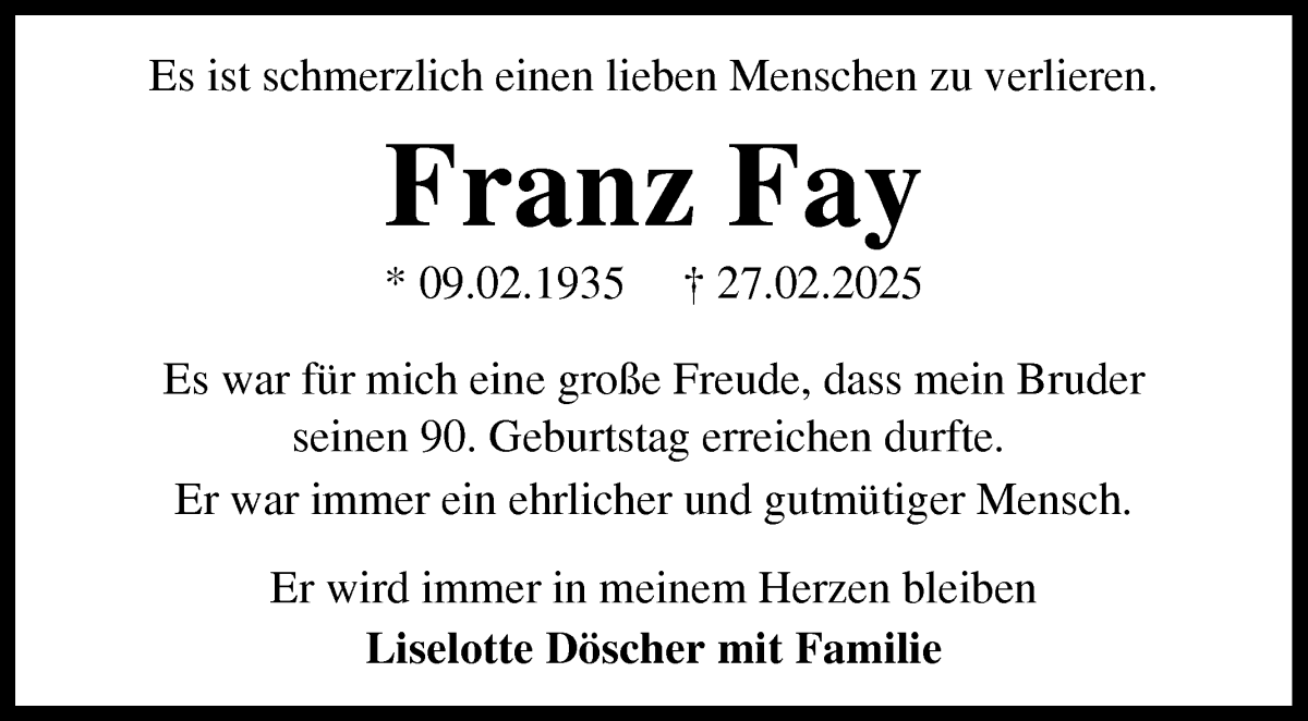 Traueranzeige von Franz Fay von WESER-KURIER