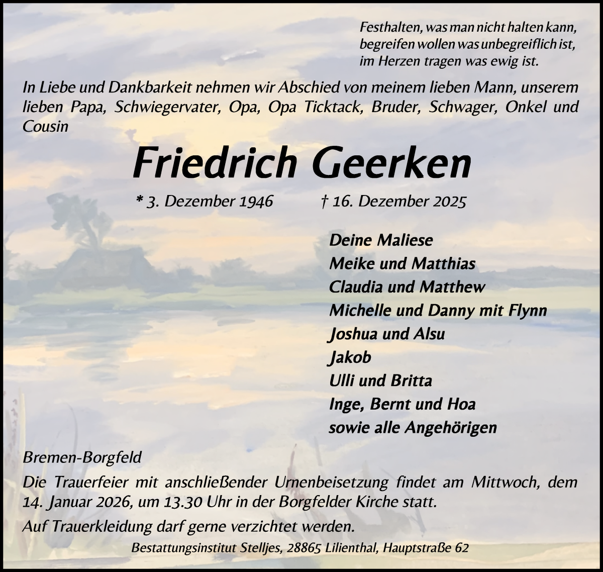 Traueranzeige von Friedrich Geerken von WESER-KURIER