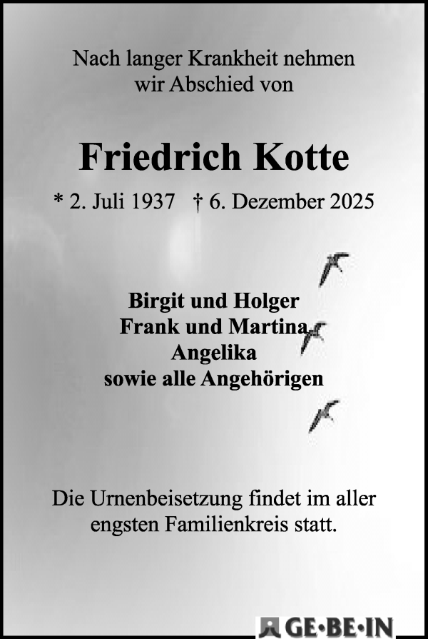 Traueranzeige von Friedrich Kotte von WESER-KURIER