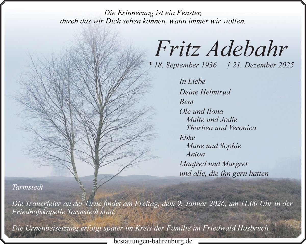 Traueranzeige von Fritz Adebahr von Wuemme Zeitung
