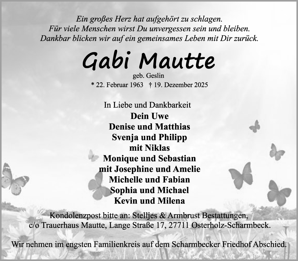 Traueranzeige von Gabi Mautte von Osterholzer Kreisblatt