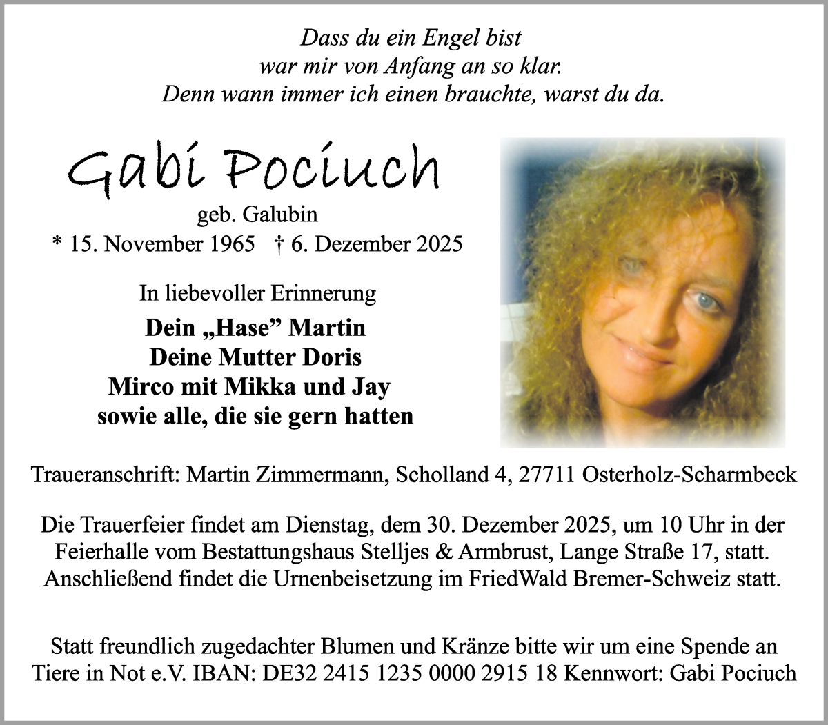Traueranzeige von Gabi Pociuch von Osterholzer Kreisblatt
