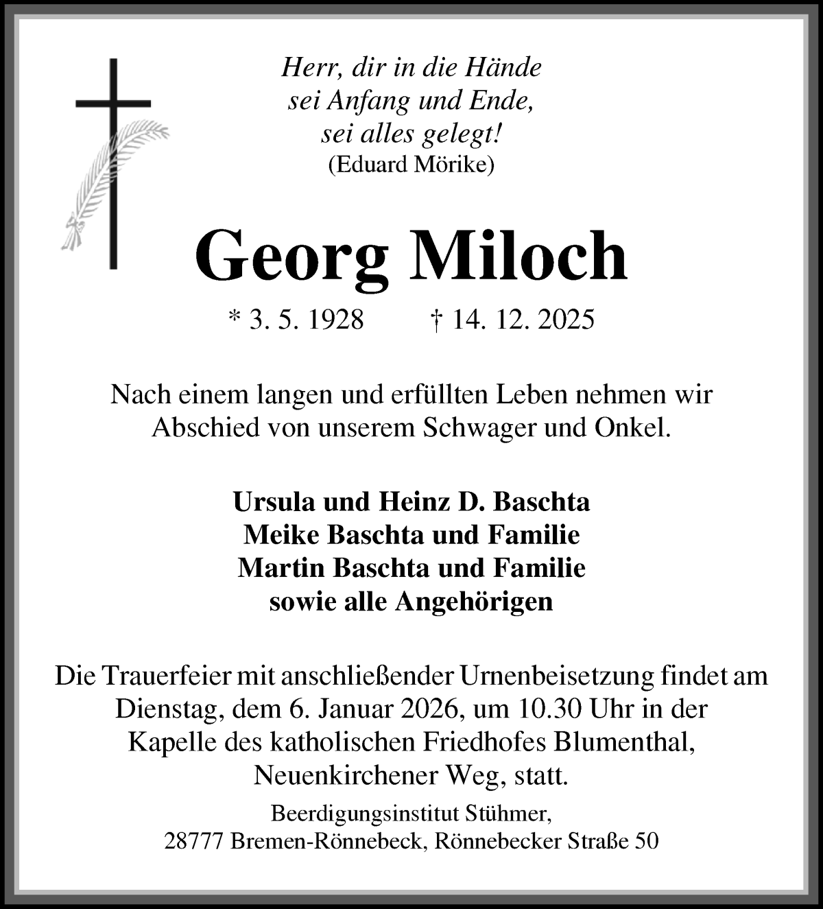 Traueranzeige von Georg Miloch von Die Norddeutsche