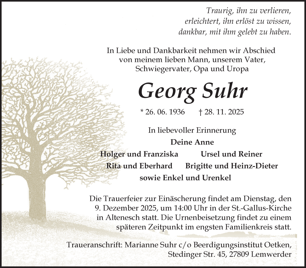 Traueranzeige von Georg Suhr von Die Norddeutsche