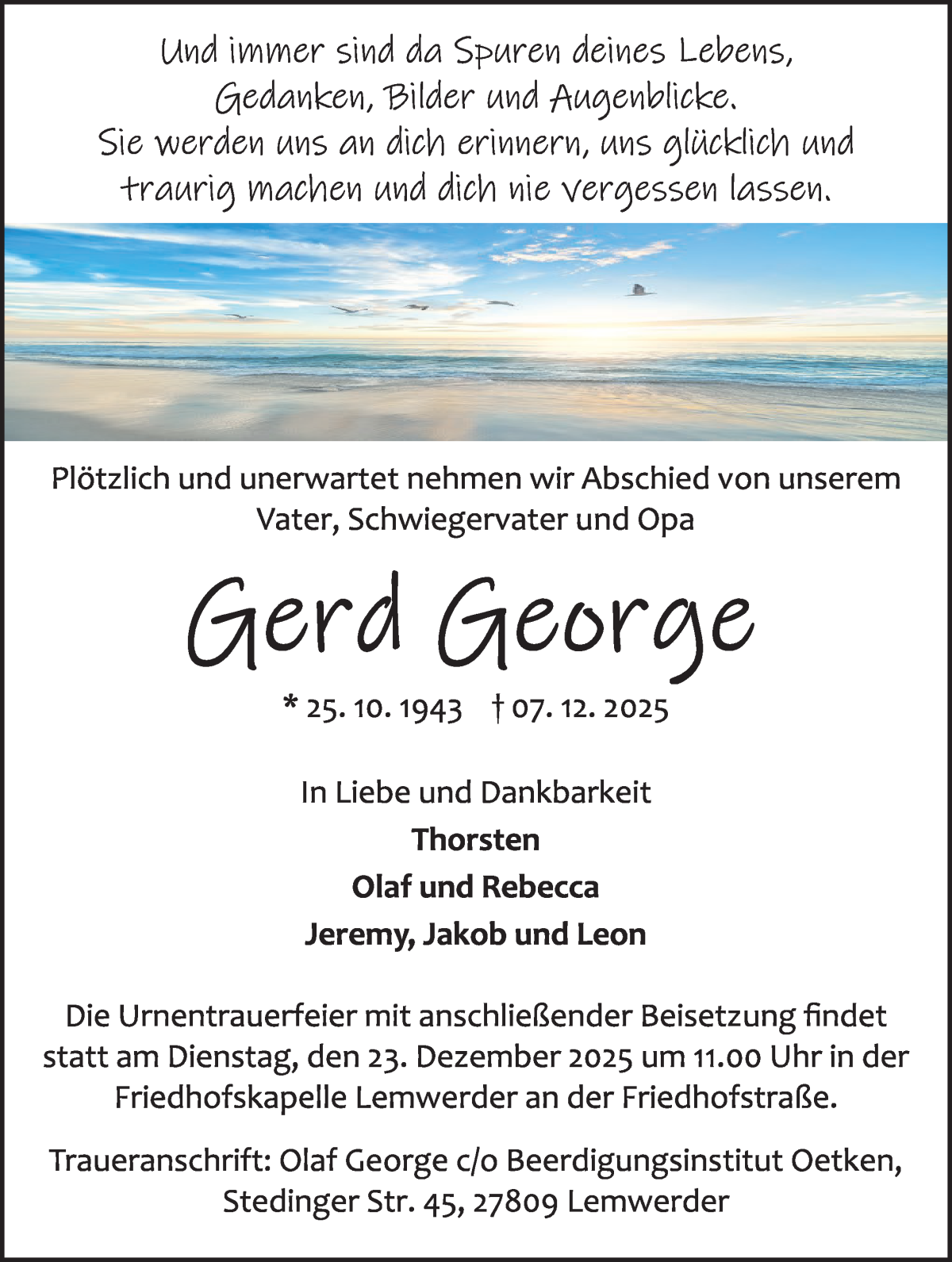 Traueranzeige von Gerd George von Die Norddeutsche