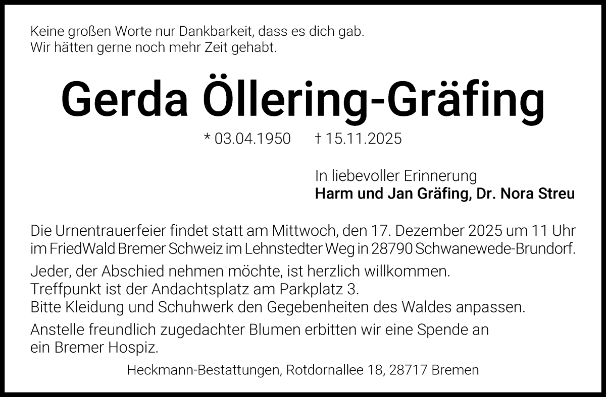 Traueranzeige von Gerda Öllering-Gräfing von Die Norddeutsche