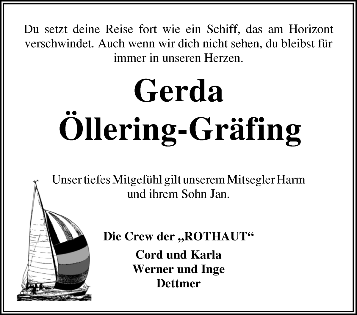 Traueranzeige von Gerda Öllering-Gräfing von Die Norddeutsche