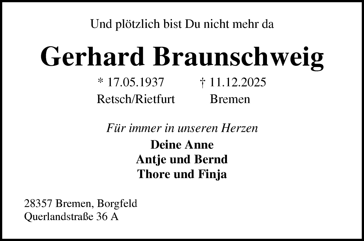 Traueranzeige von Gerhard Braunschweig von WESER-KURIER