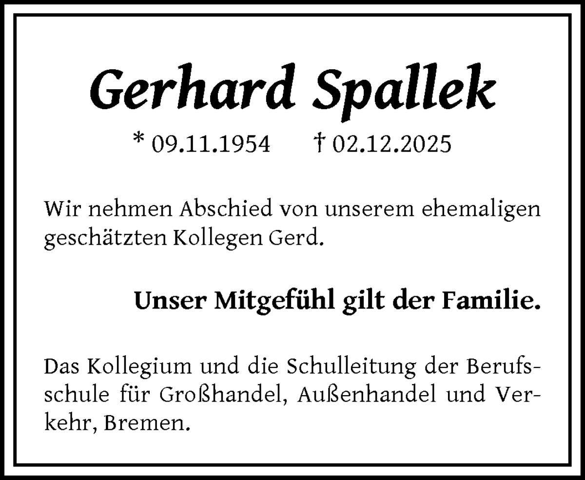 Traueranzeige von Gerhard Spallek von WESER-KURIER