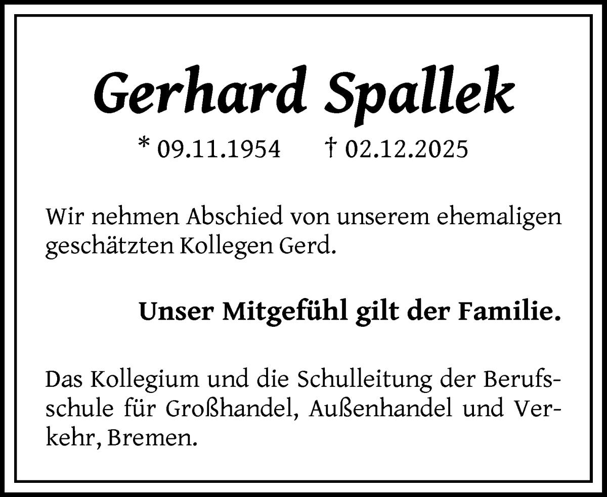 Traueranzeige von Gerhard Spallek von WESER-KURIER