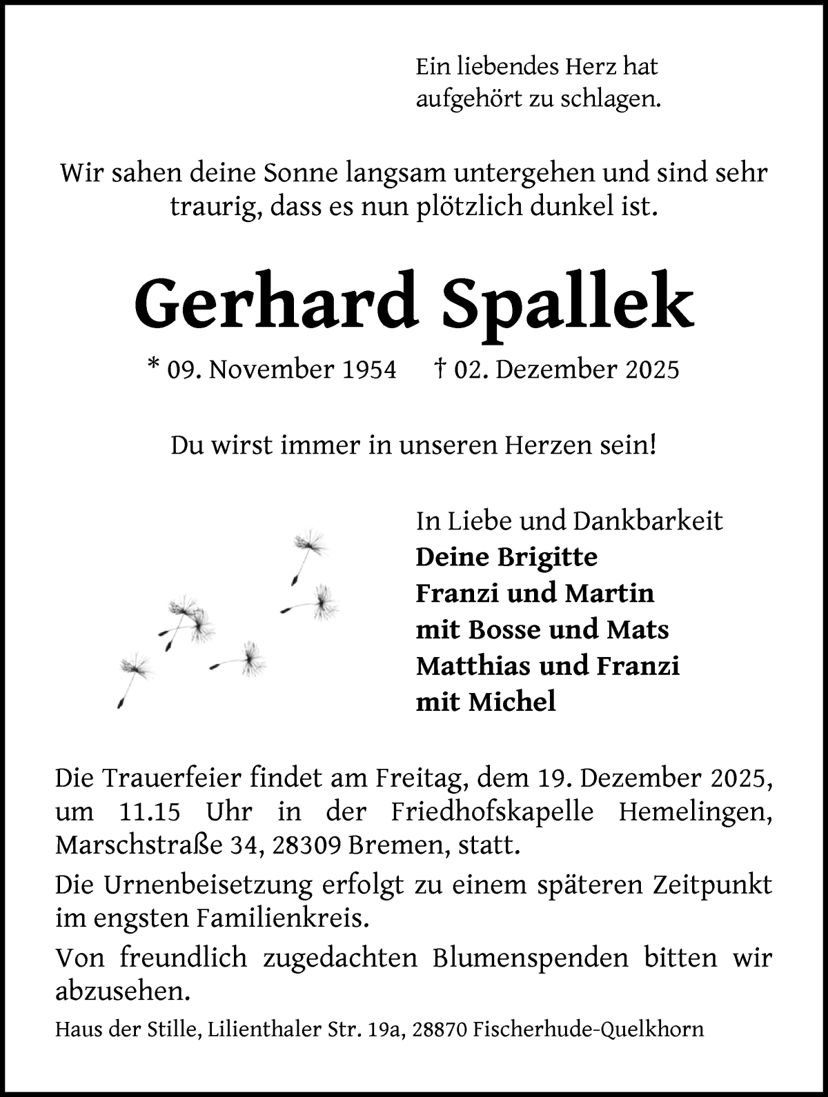 Traueranzeige von Gerhard Spallek von WESER-KURIER