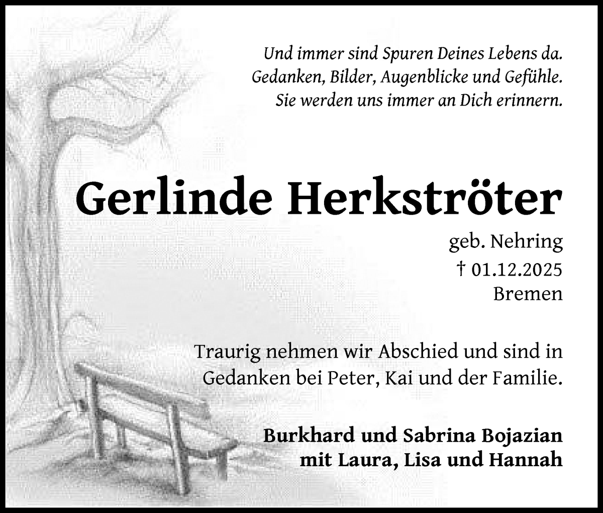 Traueranzeige von Gerlinde Herkströter von WESER-KURIER
