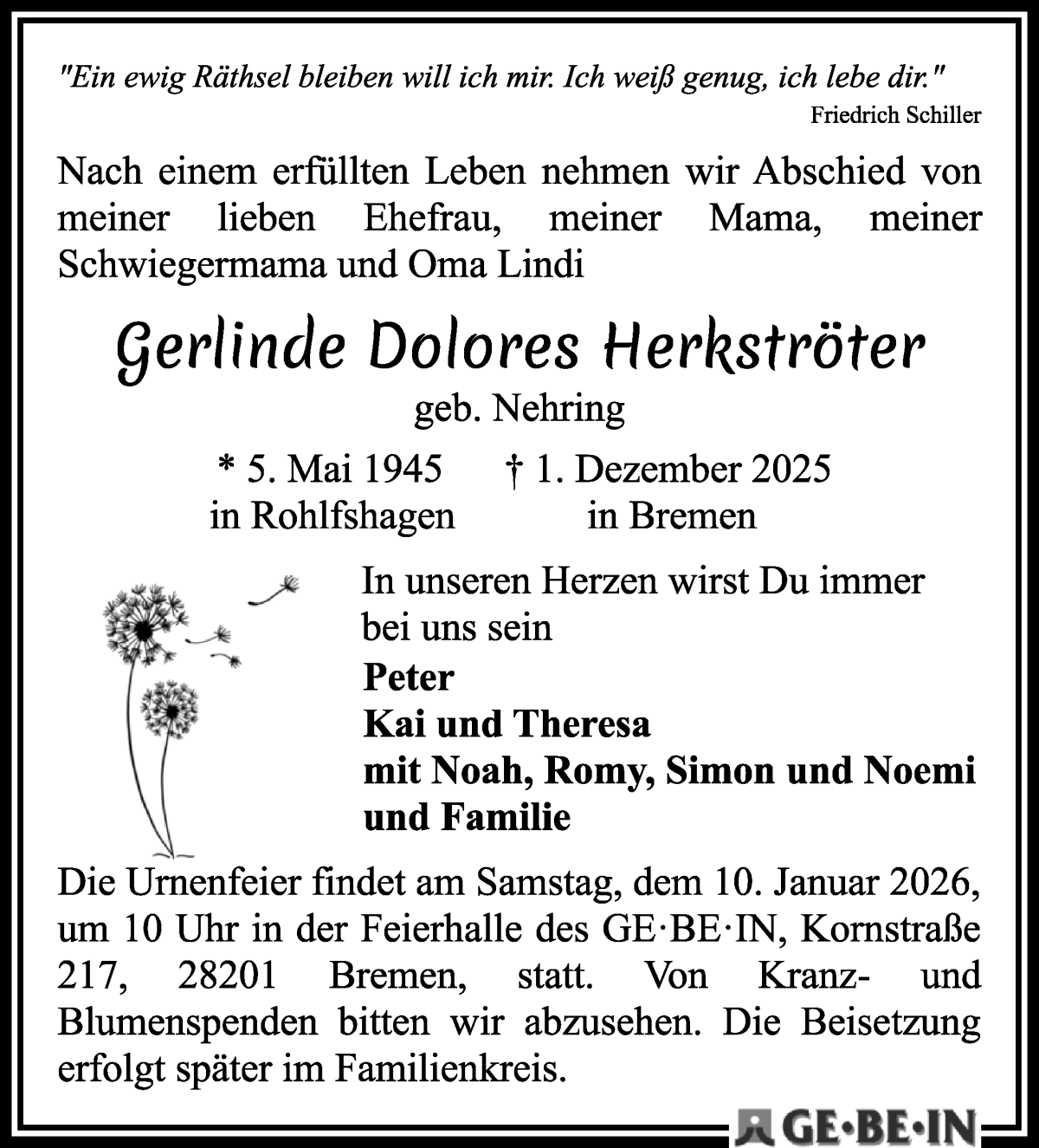 Traueranzeige von Gerlinde Dolores Herkströter von WESER-KURIER