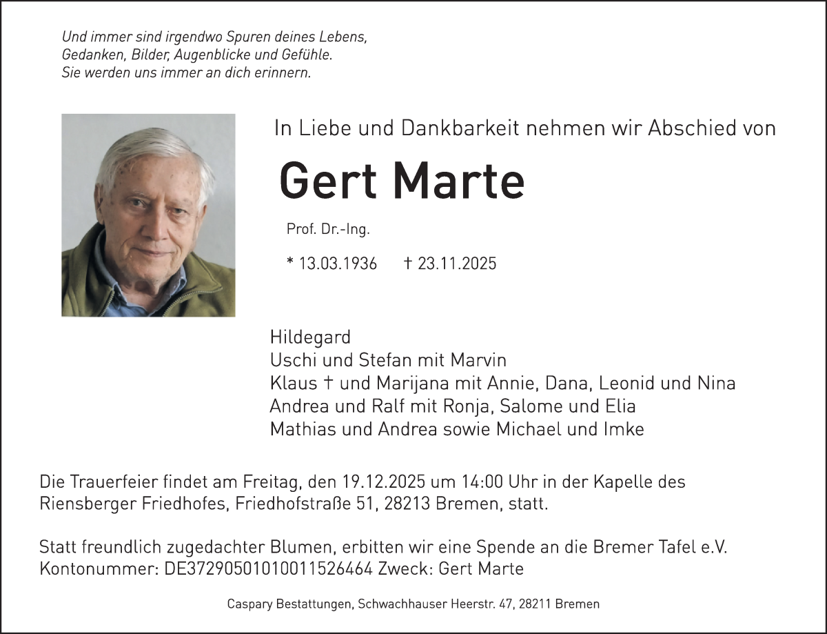 Traueranzeige von Gert Marte von WESER-KURIER