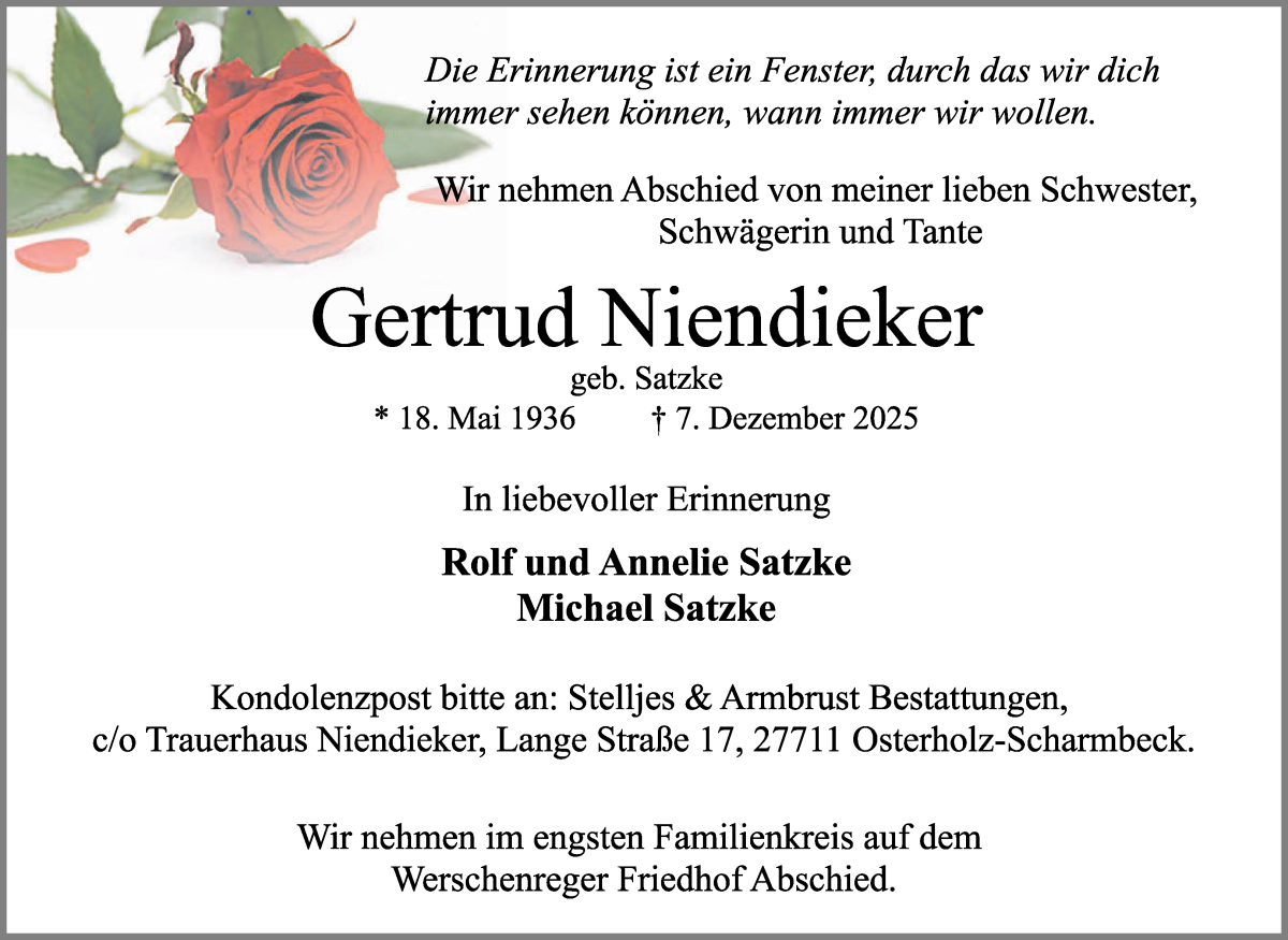 Traueranzeige von Gertrud Niendieker von Osterholzer Kreisblatt