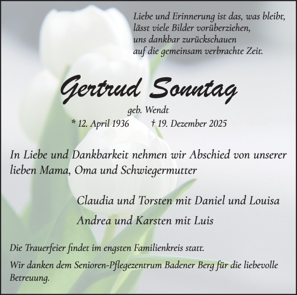 Traueranzeige von Gertrud Sonntag von WESER-KURIER
