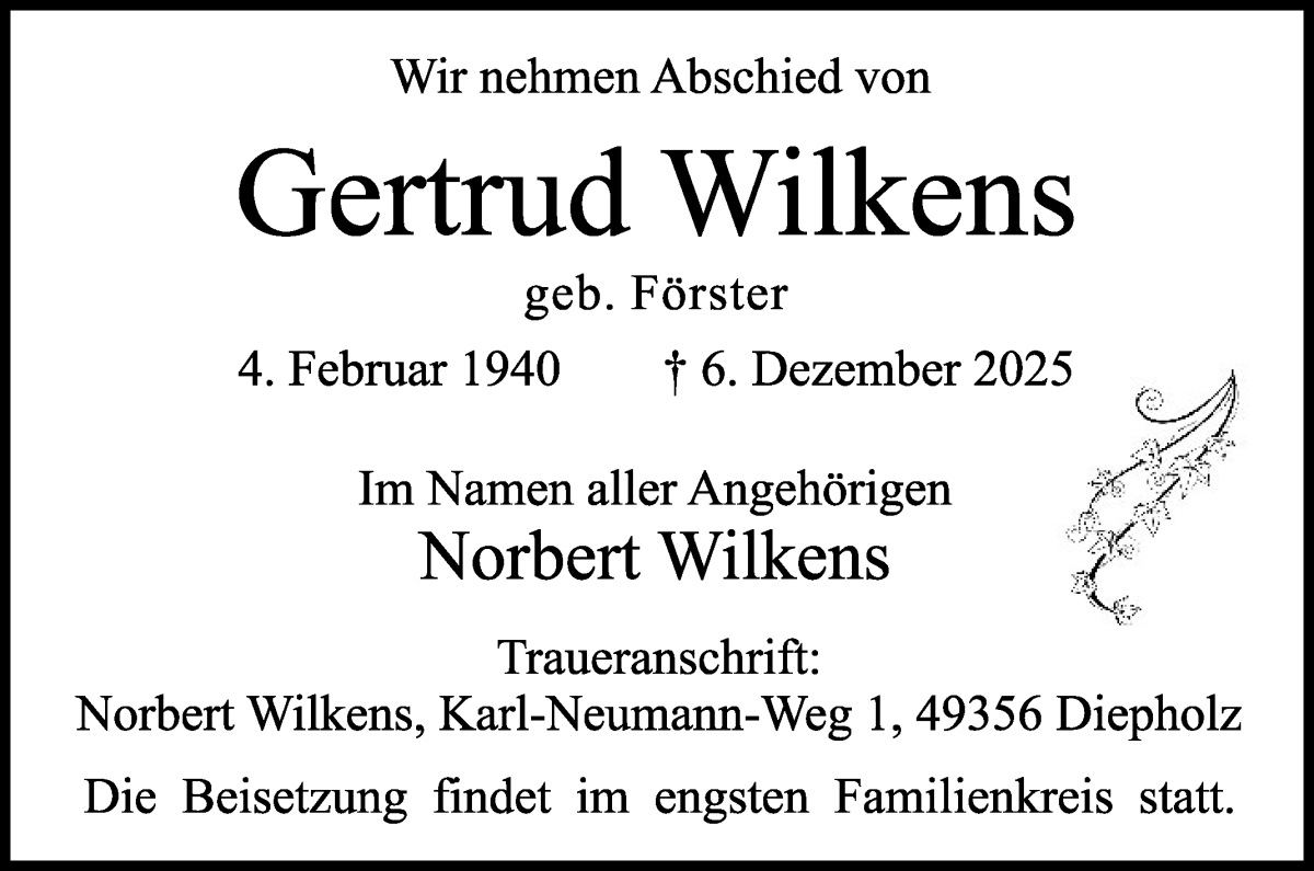 Traueranzeige von Gertrud Wilkens von WESER-KURIER