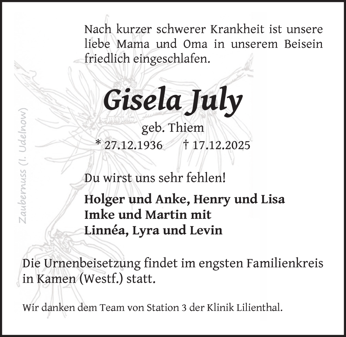 Traueranzeige von Gisela July von Wuemme Zeitung