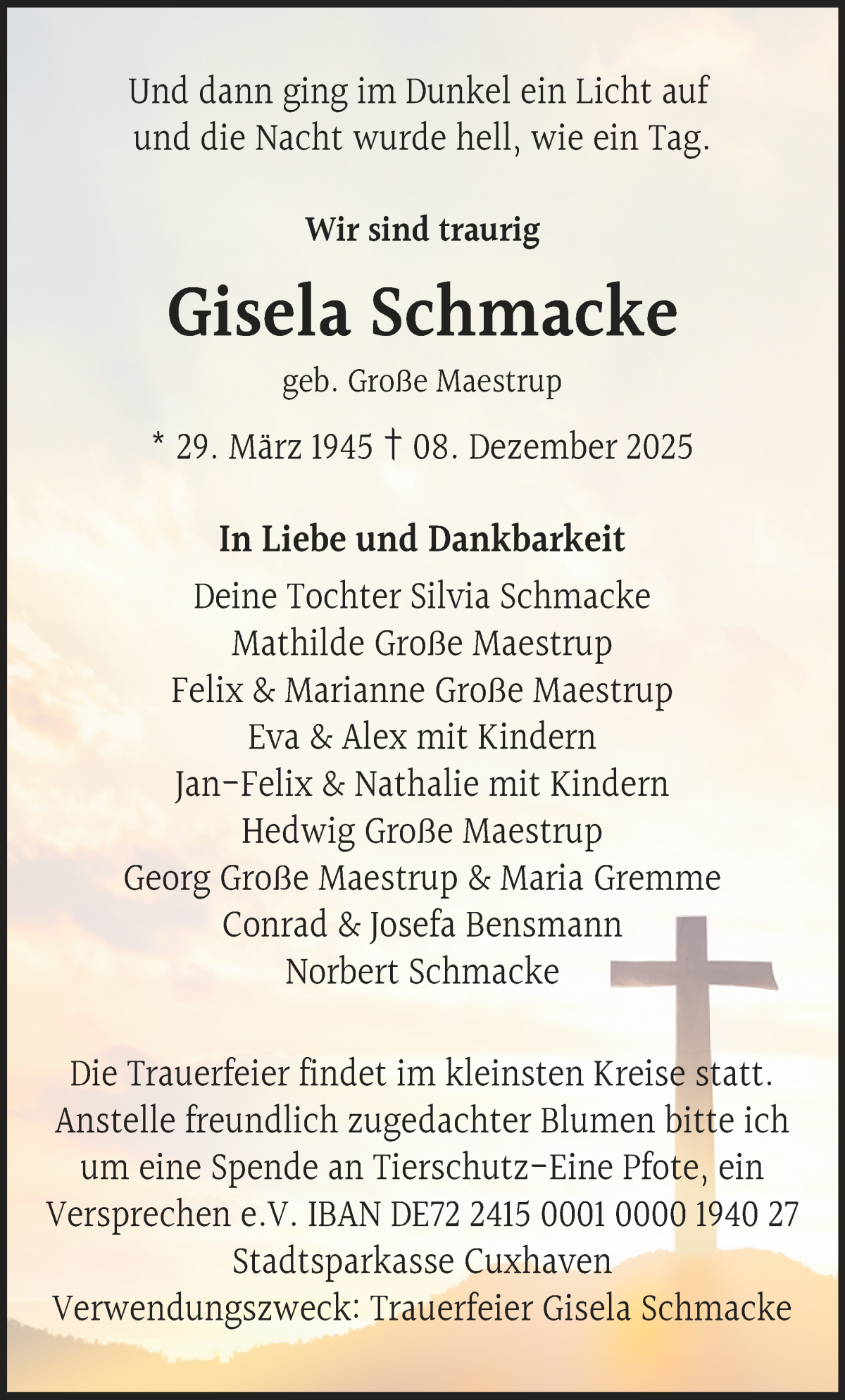 Traueranzeige von Gisela Schmacke von Die Norddeutsche