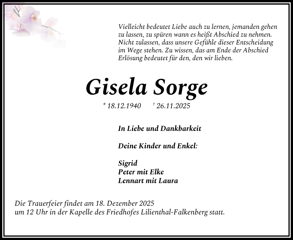 Traueranzeige von Gisela Sorge von Wuemme Zeitung