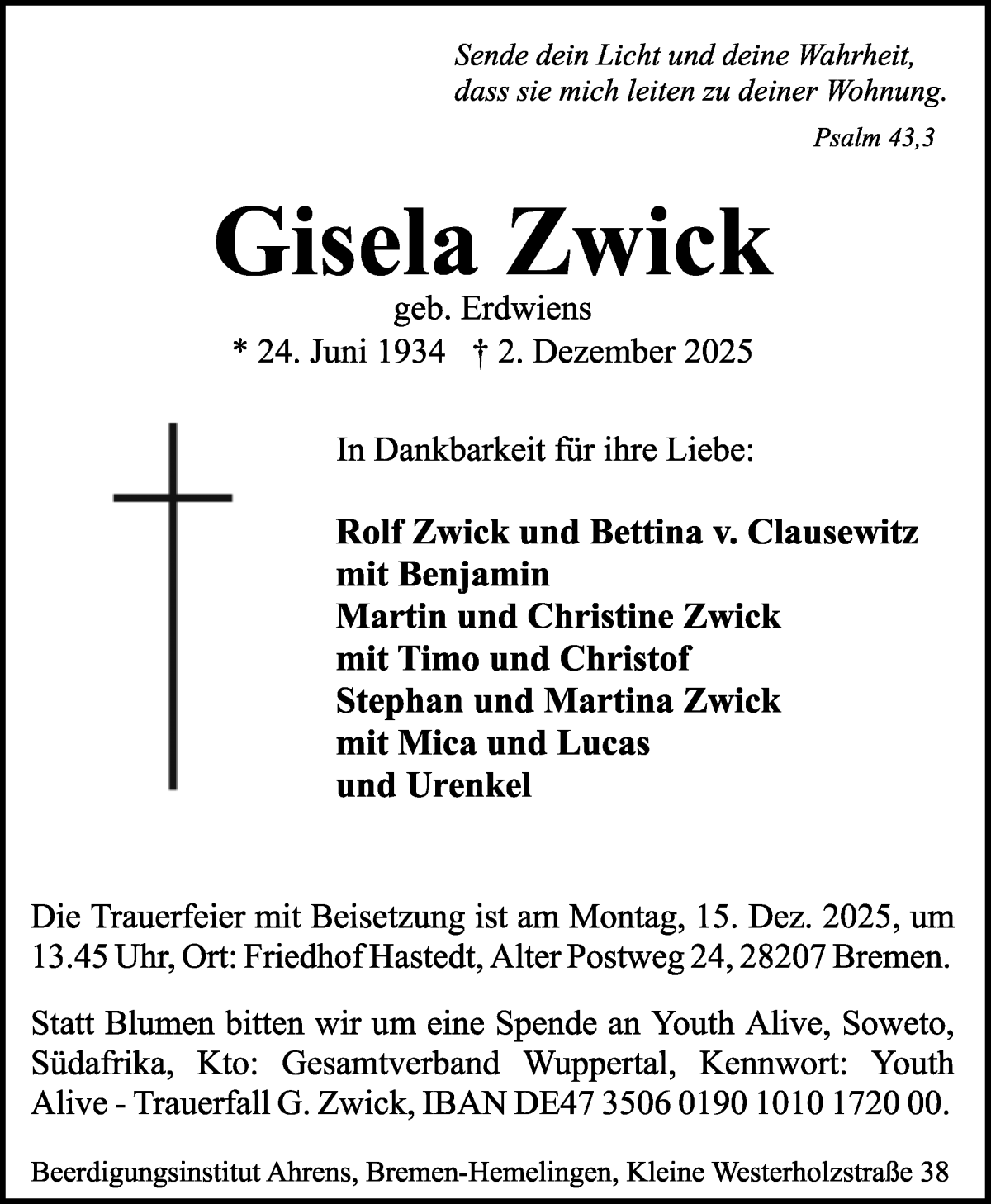 Traueranzeige von Gisela Zwick von WESER-KURIER