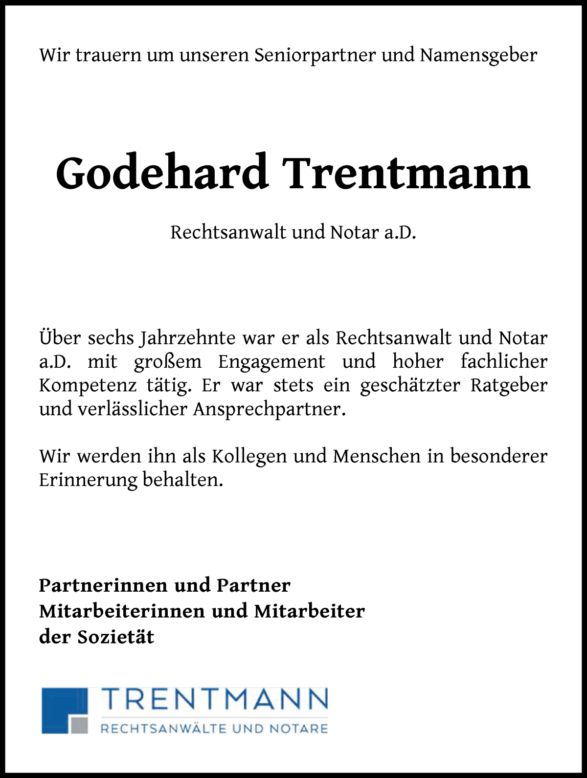 Traueranzeige von Godehard Trentmann von WESER-KURIER