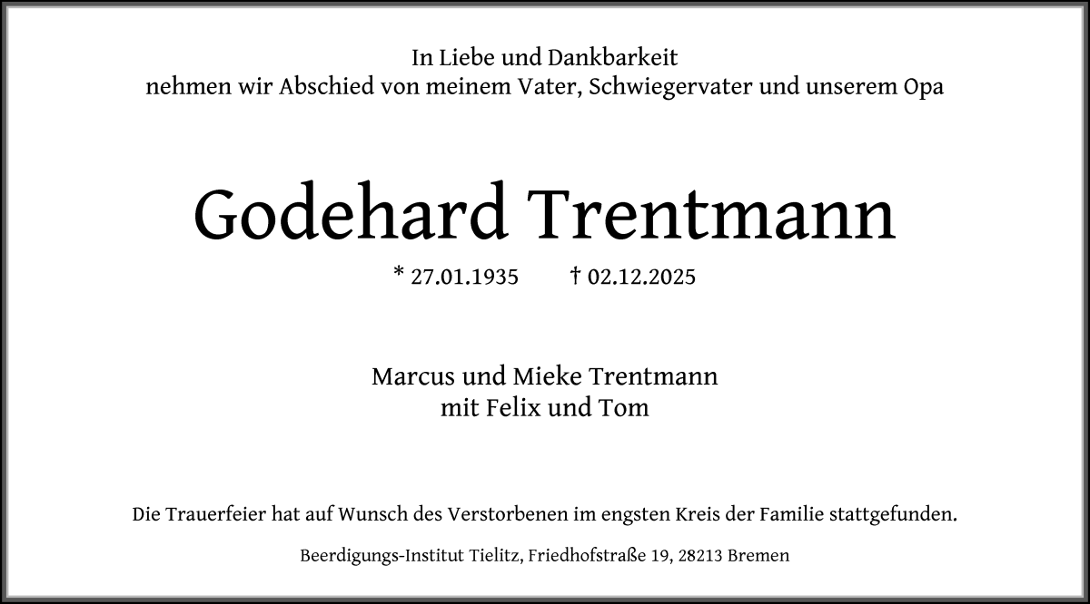 Traueranzeige von Godehard Trentmann von WESER-KURIER