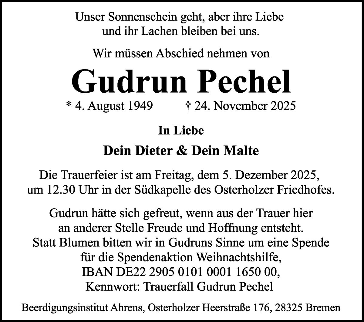 Traueranzeige von Gudrun Pechel von WESER-KURIER