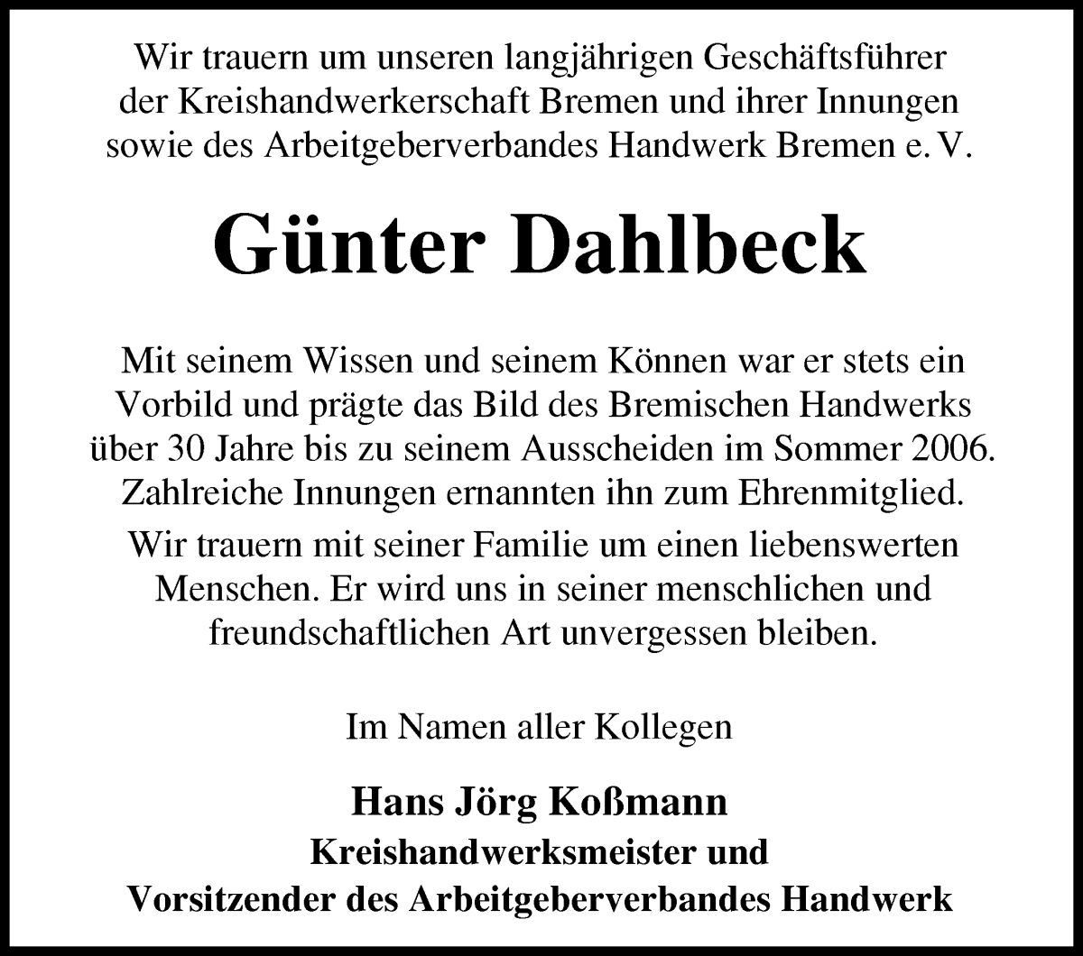Traueranzeige von Günter Dahlbeck von WESER-KURIER