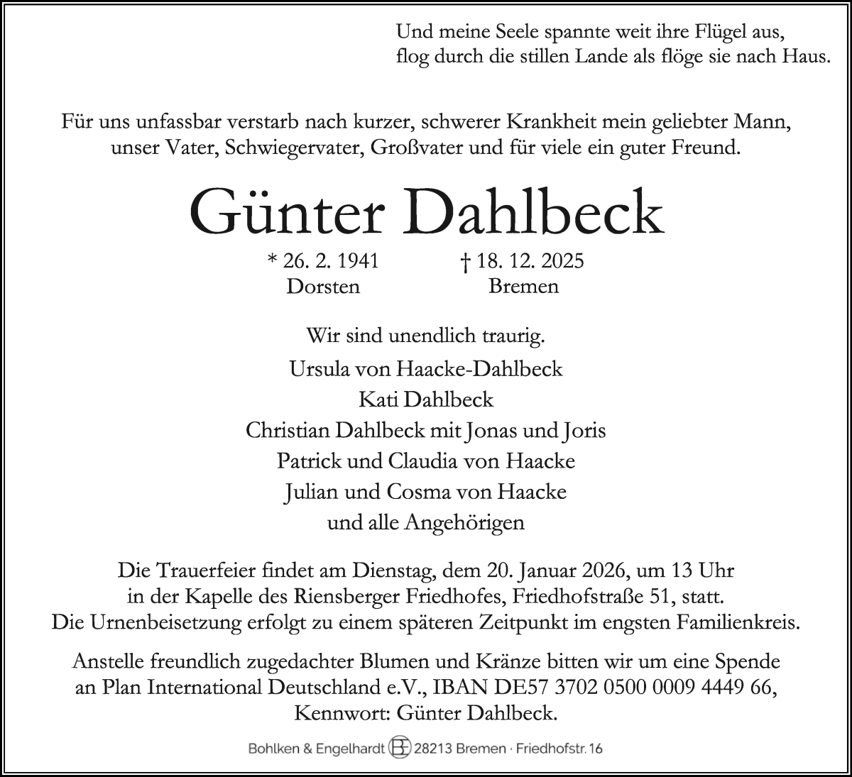 Traueranzeige von Günter Dahlbeck von WESER-KURIER