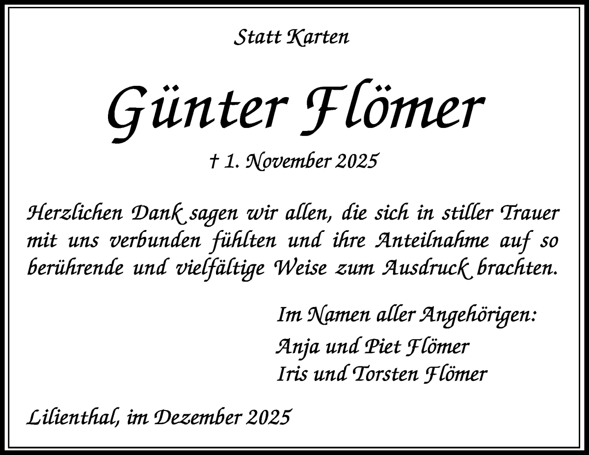 Traueranzeige von Günter Flömer von Wuemme Zeitung