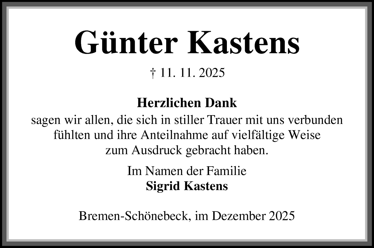 Traueranzeige von Günter Kastens von WESER-KURIER