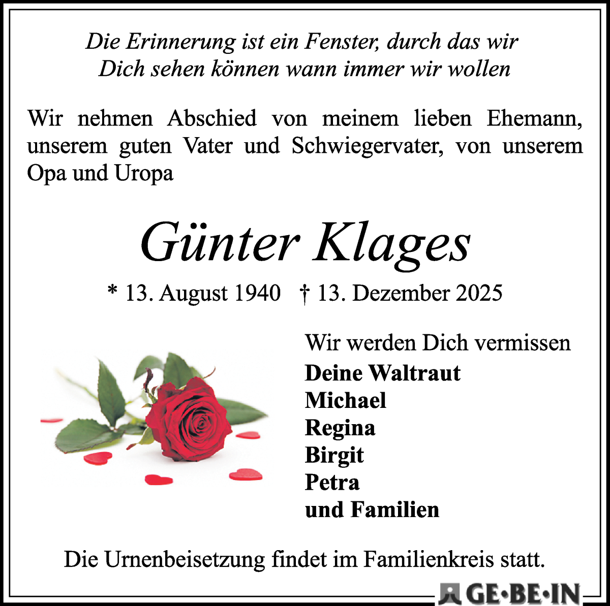 Traueranzeige von Günter Klages von WESER-KURIER