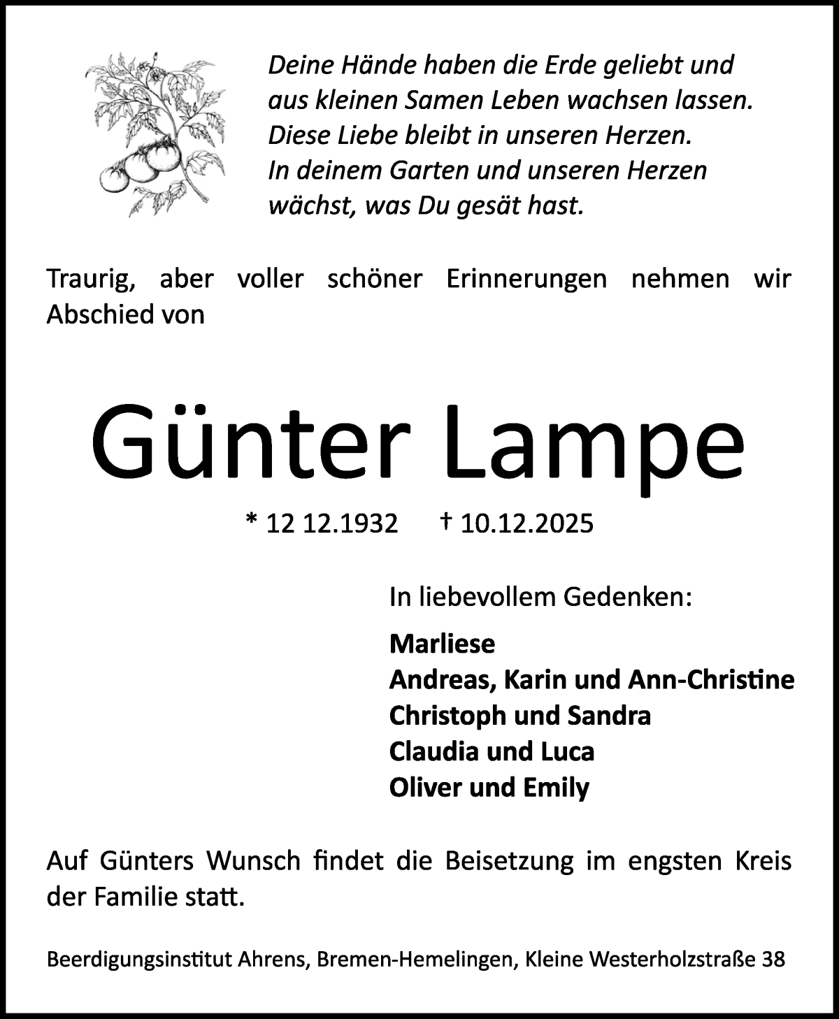 Traueranzeige von Günter Lampe von WESER-KURIER