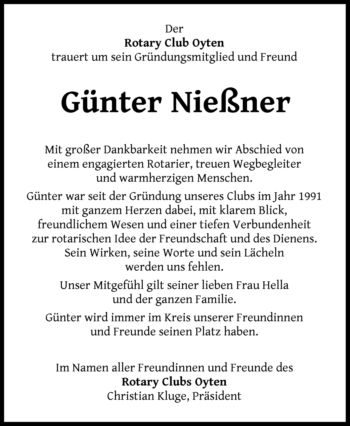 Traueranzeige von Günter Nießner von Achimer Kurier/Verdener Nachrichten