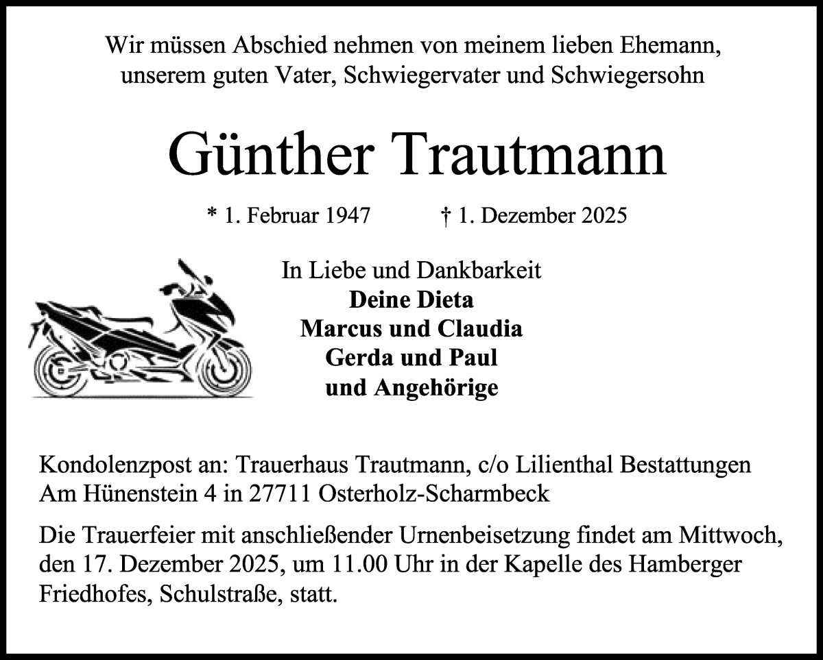 Traueranzeige von Günther Trautmann von Osterholzer Kreisblatt