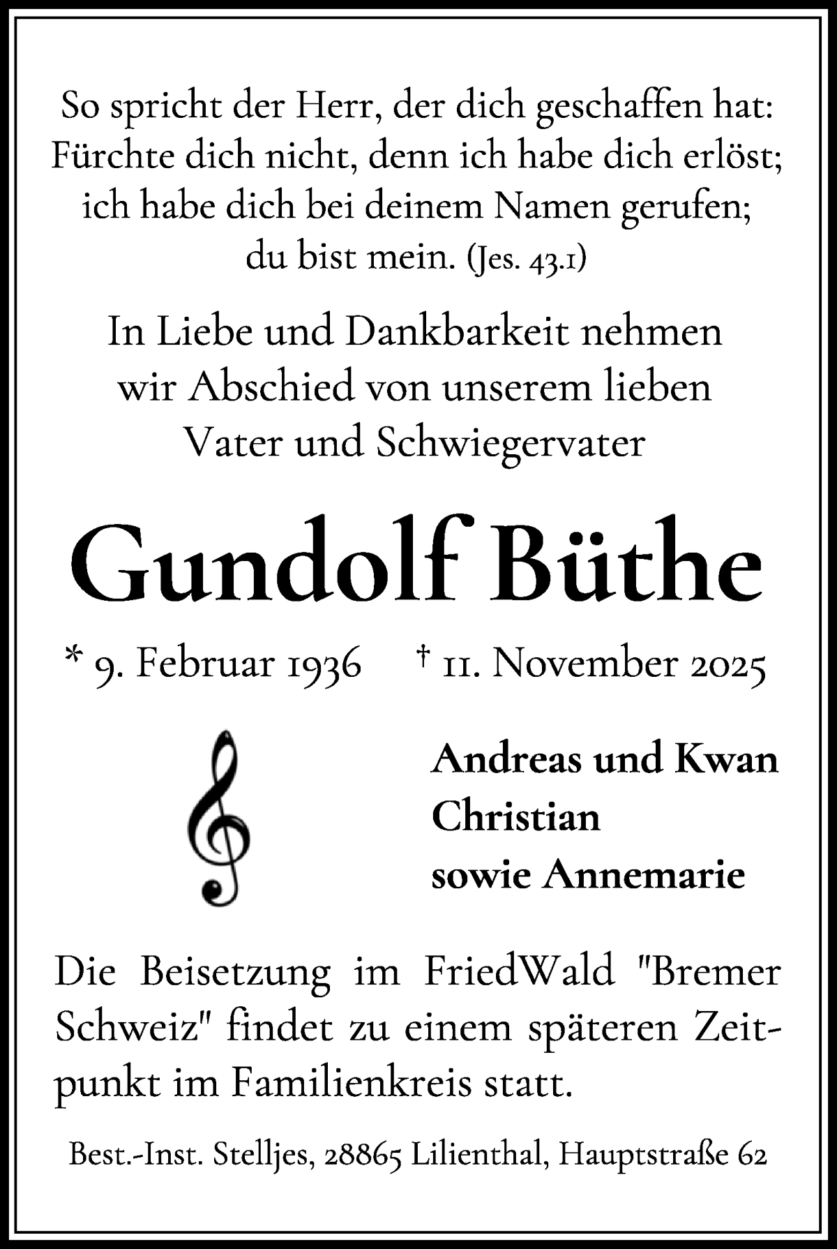 Traueranzeige von Gundolf Büthe von WESER-KURIER