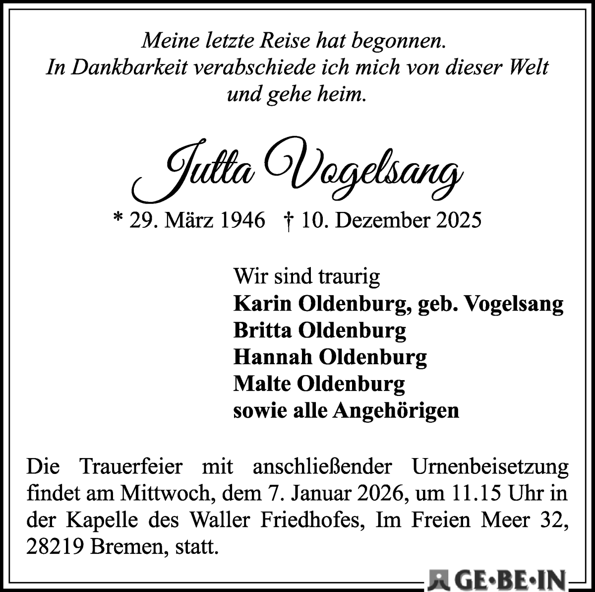 Traueranzeige von Jutta Vogelsang von WESER-KURIER