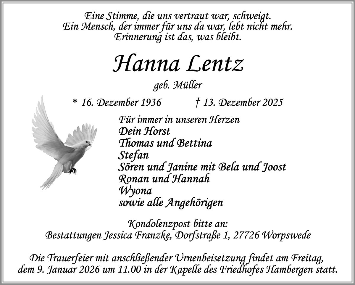 Traueranzeige von Hanna Lentz von Osterholzer Kreisblatt