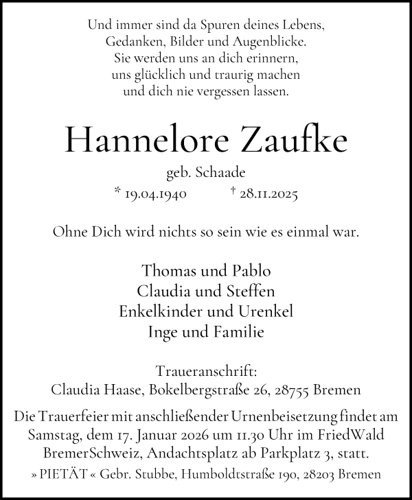 Traueranzeige von Hannelore Zaufke von WESER-KURIER