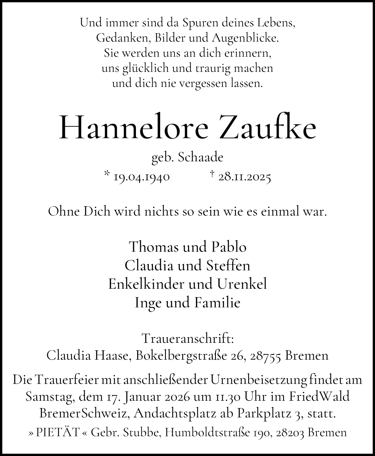  Traueranzeige für Hannelore Zaufke vom 06.12.2025 aus WESER-KURIER