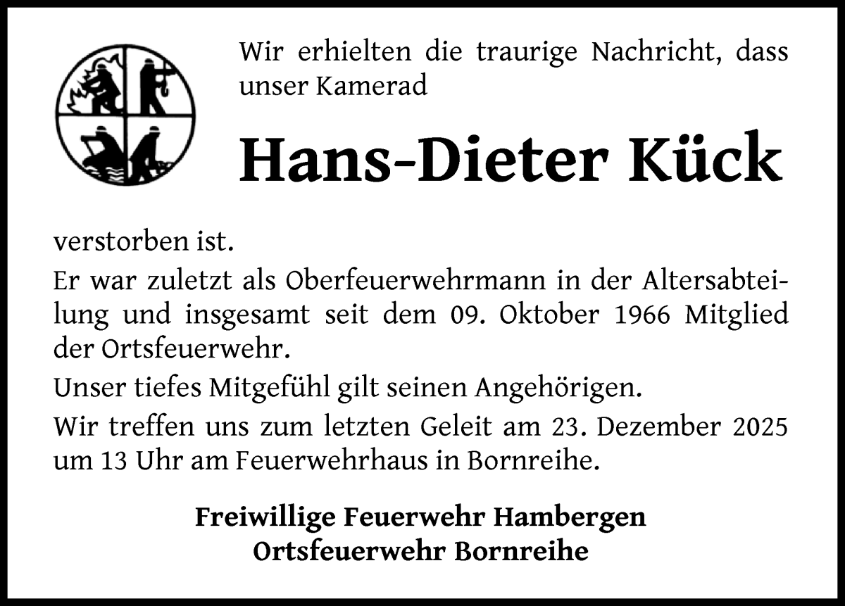 Traueranzeige von Hans-Dieter Kück von Osterholzer Kreisblatt