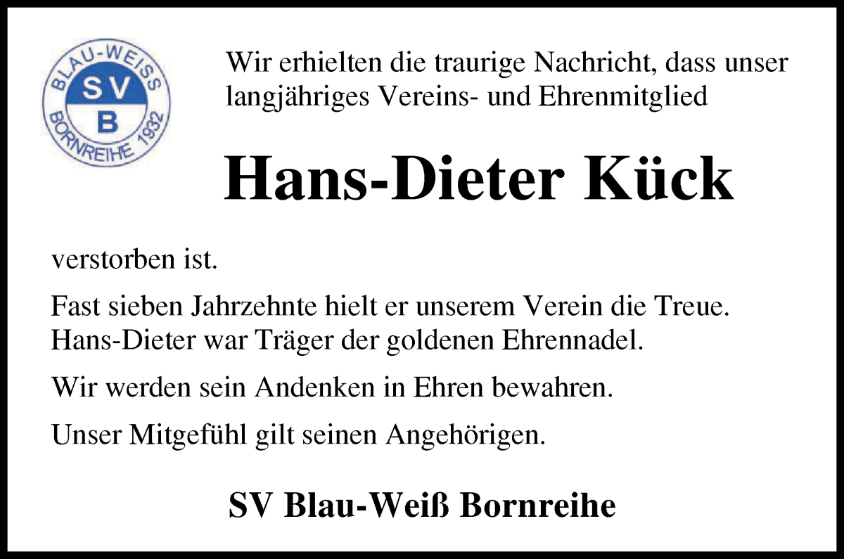 Traueranzeige von Hans-Dieter Kück von Osterholzer Kreisblatt