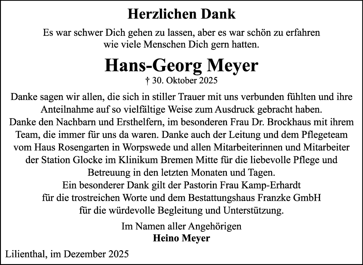 Traueranzeige von Hans-Georg Meyer von Wuemme Zeitung